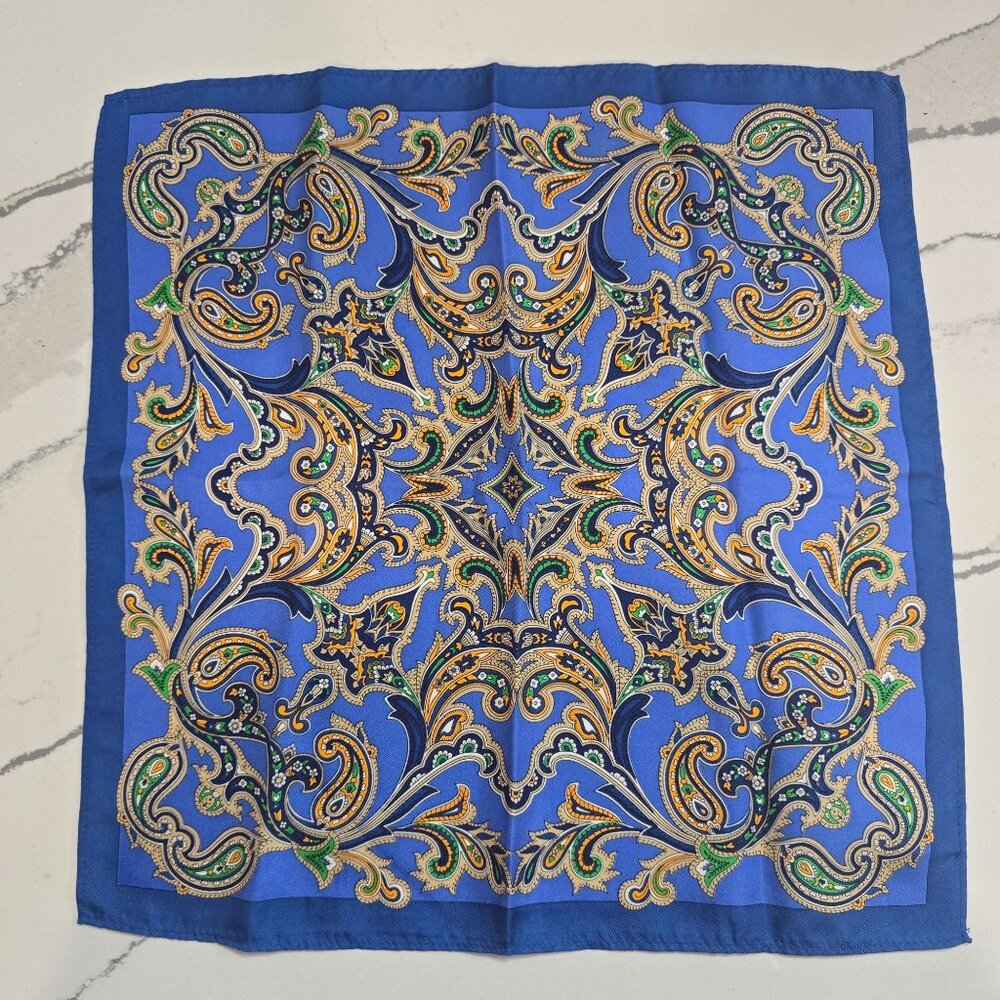 Vintage-Inspired Blue Silk Scarf Intricate Paisley Design 13"x13" Luxury Accesso